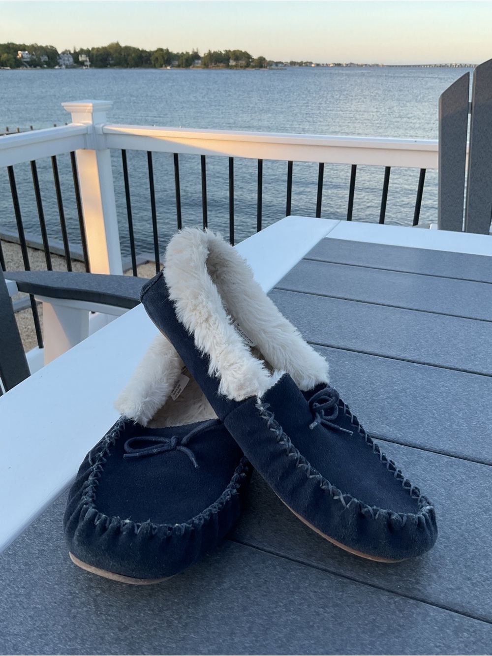 Nautica Navy Blue Faux-Fur Lined Moccasin Slippers - Picture 3 of 5